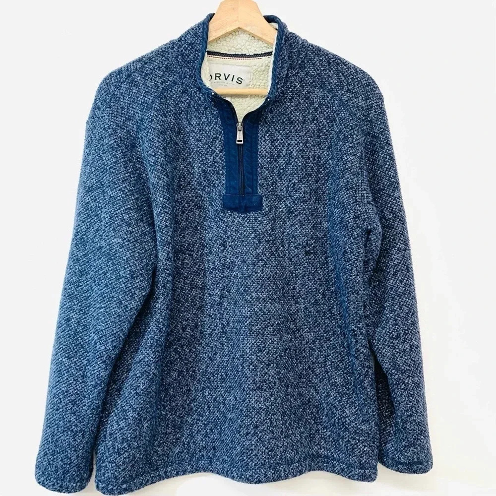 Orvis Sherpa Lined Sweater Men Medium 1/4 Zip Blue Sweatshirt Heavy Casual